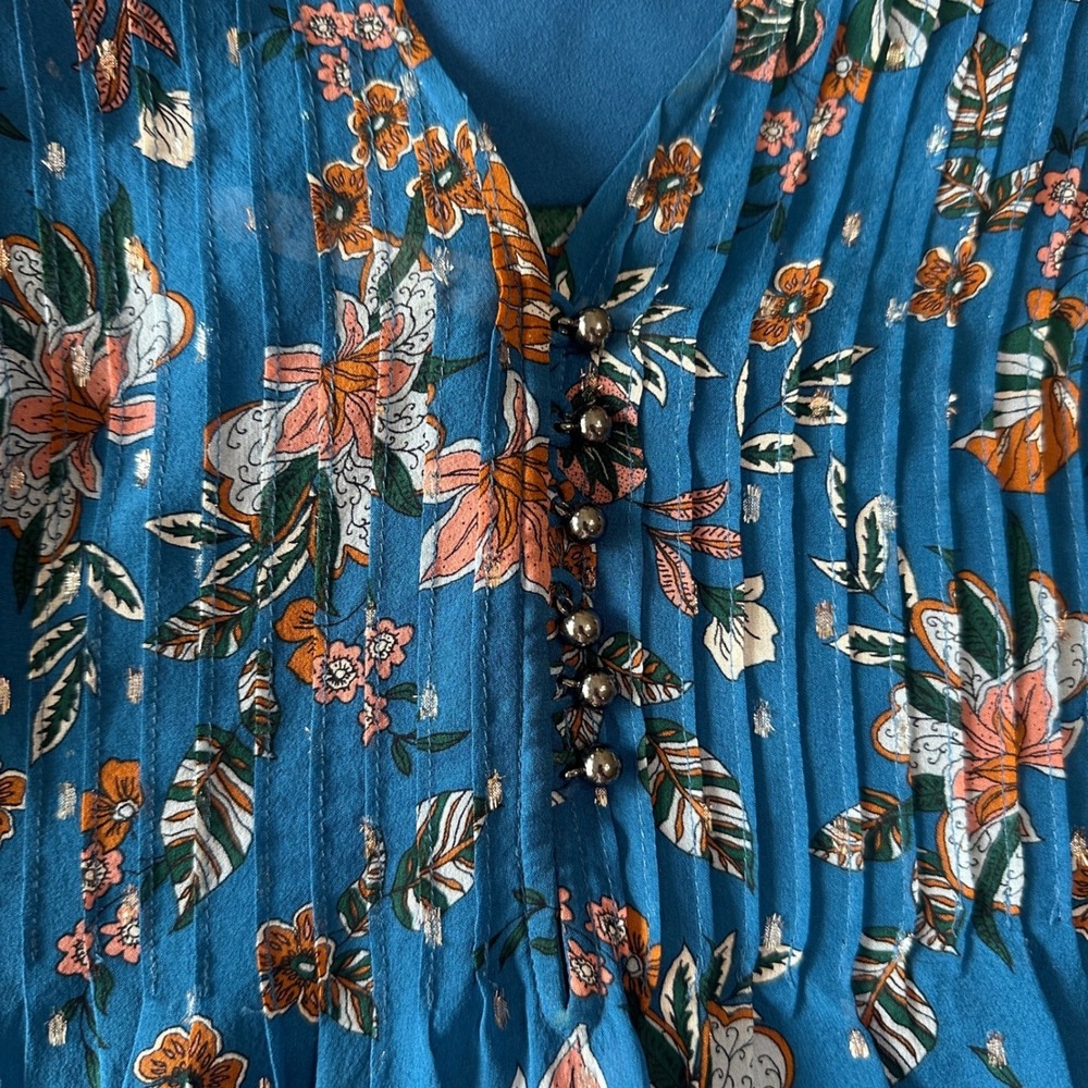 Veronica Beard Lowell Silk Floral Blue Silver Metallic Luxury Blouse, Size 10 - Picture 12 of 13